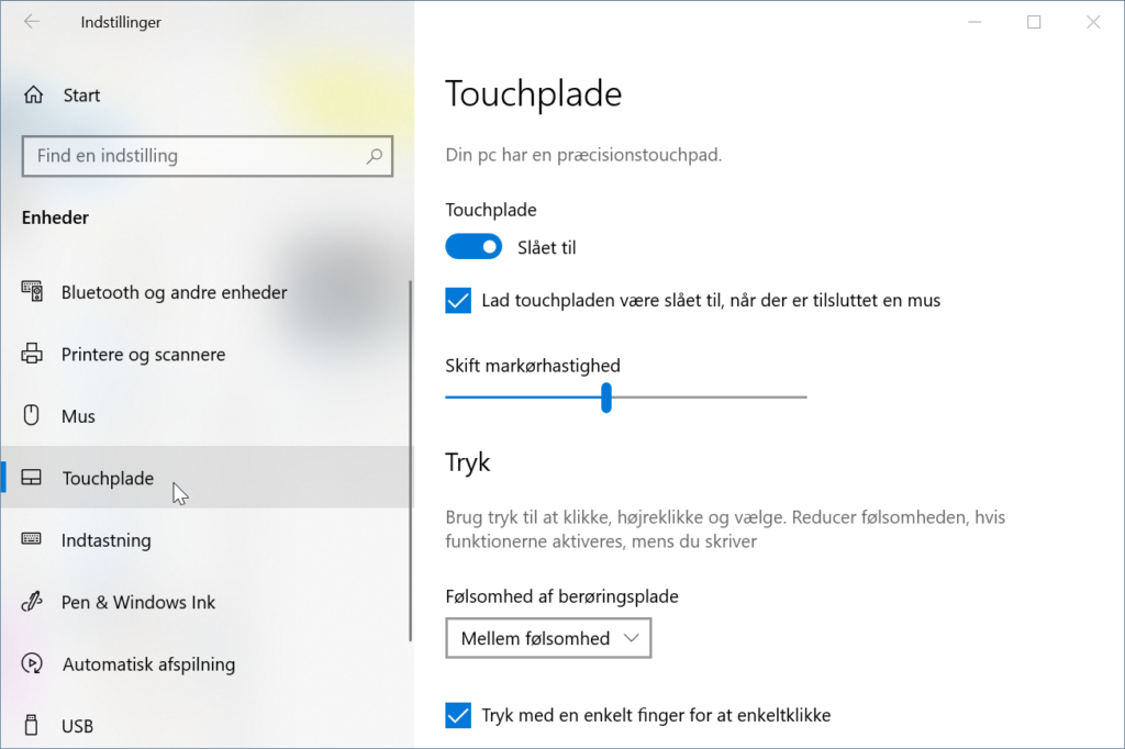 Windows indstillinger for touchpad