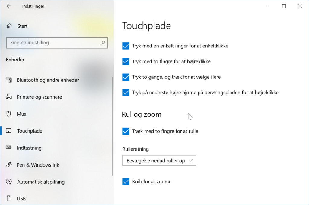 Windows indstillinger for touchpad