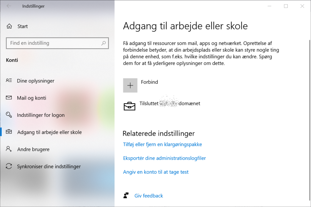 Windows Indstillinger for adgang til arbejde eller skole konto