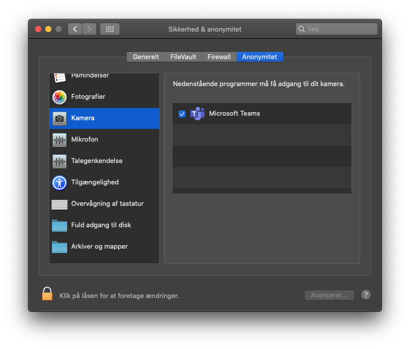 Giv Microsoft Teams adgang til Kamera