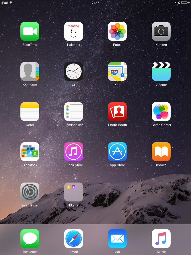 iOS 8 - Skrivebordet på en opdateret iPad 2 - 2012