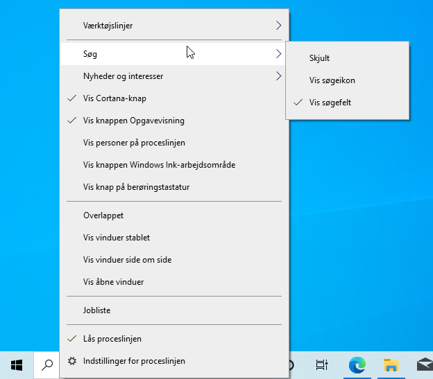 Fjern søgefeltet på Windows 10 processlinje