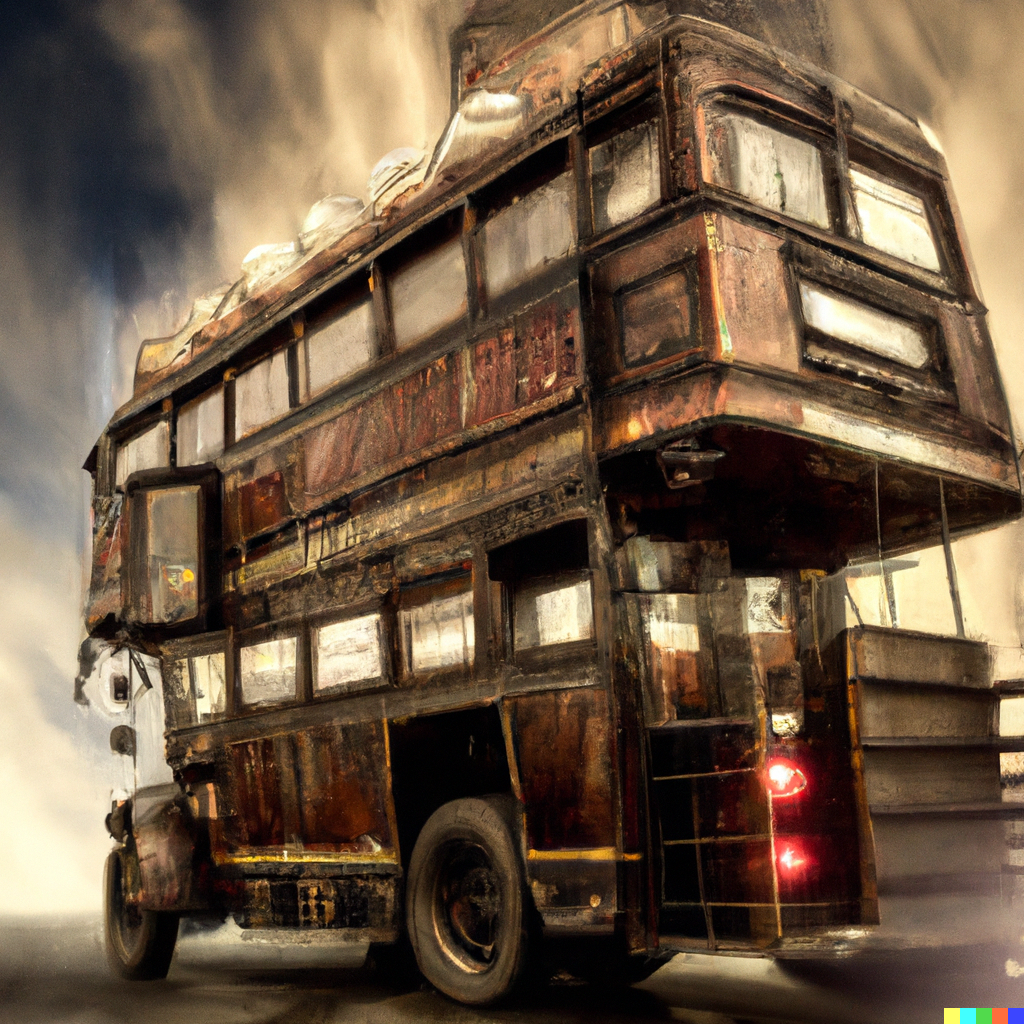 Et billede genereret af IA programmet DALL-E 2, ud fra kommandoen "High Definition photo of a steampunk doubledecker bus" - 2023
