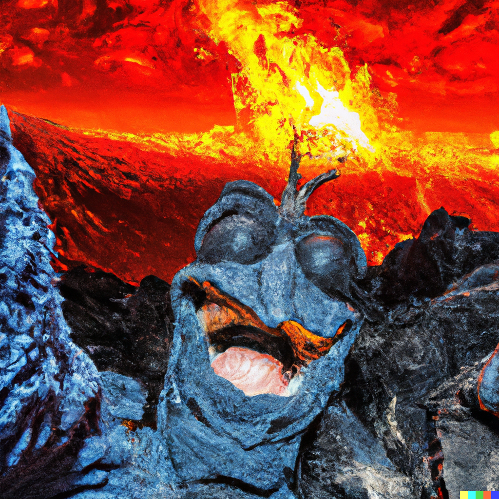 AI tjenesten DALL-E 2 her fremstillet dette billede ud fra kommandpen "A smiling terminator takes a selfie while sinking into lava, high definition photo" - 2023