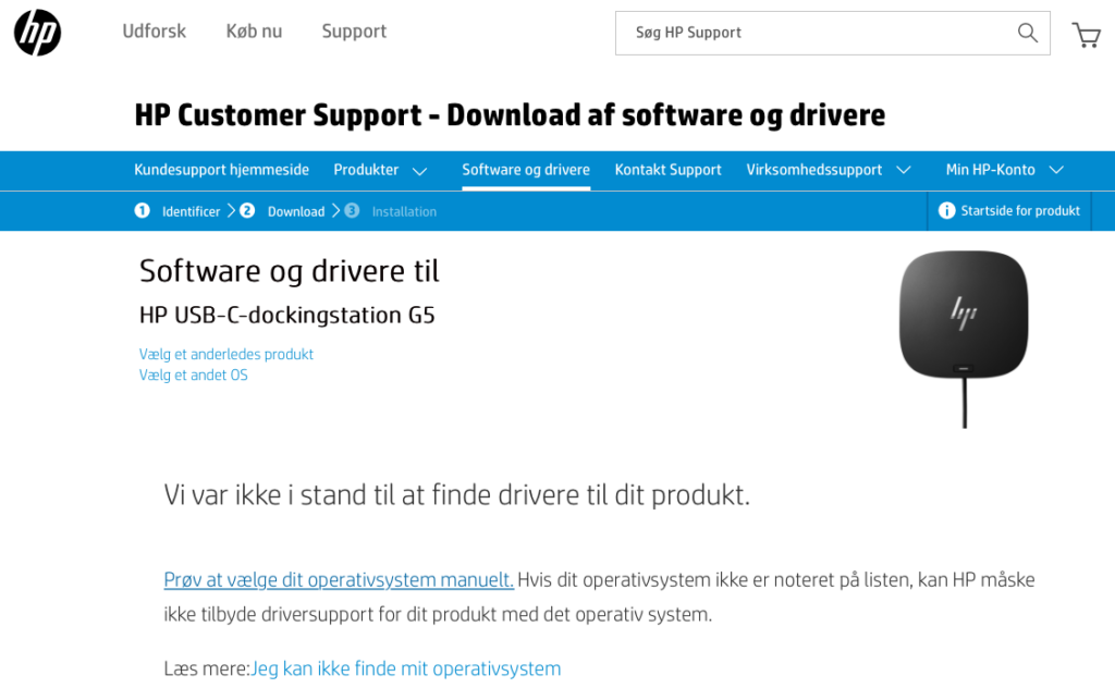 HP oplyser på hjemmesiden at deres USB-C Dock G5 understøtter MacOS, men der er ingen drivere eller anden software til Mac. Man kan endda ikke vælge andet end Windows under Support & Driver sektionen.