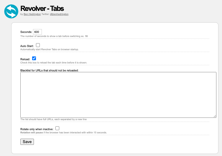 Revolver - Tabs browser plugin'ets indstillinger giver dig mulighed for at sætte de mest generelle indstillinger. 