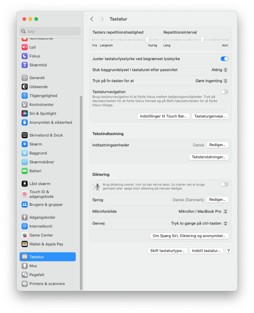 Tastatur indstillingerne i MacOS