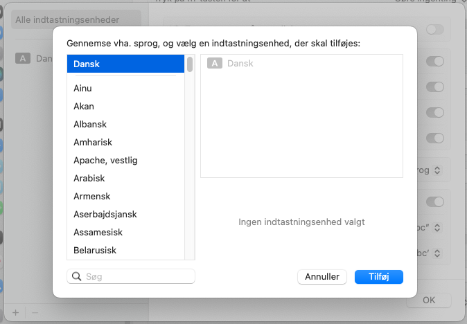 Tilføj tastatursprog for MacOS