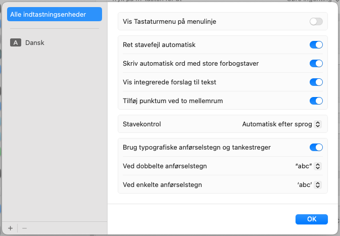 Indtastningsenheder og sprog under Tastaturindstillinger for MacOS